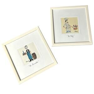 French set original art Le Sommelier and Le Chef framed 7.5x8 Mougins Village